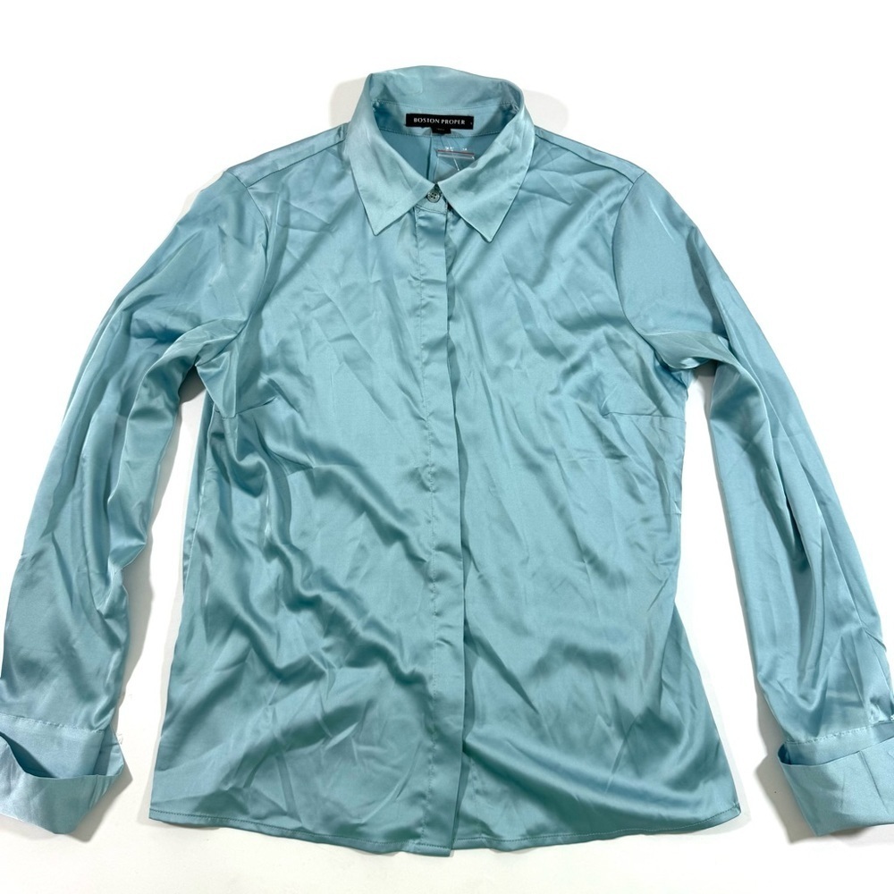 Boston Proper Sophia Button Front Blouse Blue Satin Long Sleeve